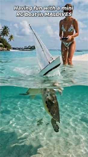 RC Mini Boat Races Sea Turtles in Maldives 🐢🌊 #shorts #miniboat #rcboat