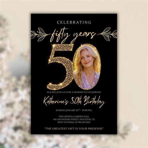 50th Birthday Invitation Template 5x7 | Black & Gold Glitter Editable Canva Invite | Elegant Adult Milestone Birthday Card - Etsy