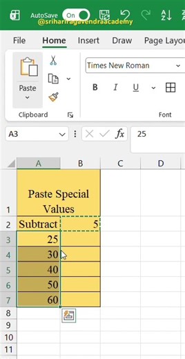 Paste Special using Subtract Function in Excel