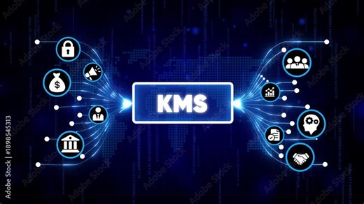 Knowledge Management System KMS digital interface with futuristic icons and glowing blue network background for business innovation and technology