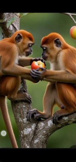 TWO MONKEYS SHARING AN APPLE IN THE TREE