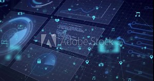 Camera opening isometric grid revealing panels as holographic icons drifting to show network data