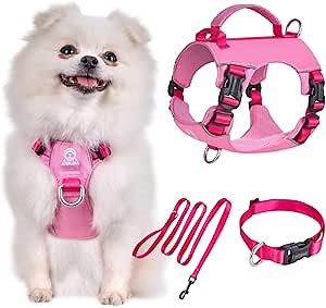 No Pull Small Dog Harness & Collar & Leash Set, Lightweight Breathable Outdoor Dog Vests, Pink Dog Vest Light-Reflective, Summer Canine Gear with Control Handle, No-Pull D-Ring