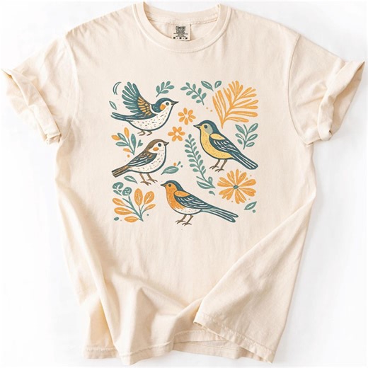 Scandinavian Folk Art Bird Shirt, Vintage Botanical Birds Tee, Cottagecore Nature Shirt, Linocut Bird Graphic Tee, Garden Bird Lover Gift - Etsy