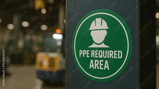 PPE required area sign metal pillar industrial workshop hard hat zone safety helmet icon bold text urgent protective equipment PPE personal protective equipment sign for industrial warehouse workers