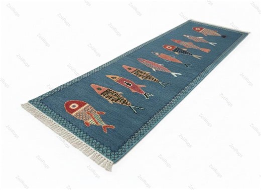 Blue Fish Runner Rug | Coastal Hallway Runner | Colorful Fish Kilim Rug | Nautical Kitchen Decor | Boho Entryway Mat | Ocean Theme Floor Rug