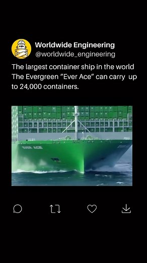 WORLDWIDE ENGINEERING 🌍 on Instagram: "The “Ever Ace,” operated by Evergreen Marine, is one of the largest container ships in the world. It was delivered in 2021 and has a capacity of over 23,992 twenty-foot equivalent units (TEUs), making it among the largest container vessels in the global shipping industry. With a length of approximately 400 meters (1,312 feet) and a beam of 61.5 meters, the Ever Ace is a massive and technologically advanced vessel. This impressive container ship is equipped