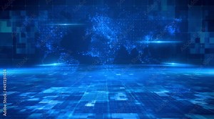 Blue tech news background is a tech video, Blue world map, tech space background. Grid line squares, for news background, TV programs, news broadcasts, future technology videos, product launches.