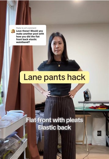 Replying to @JJ my first voiceover... this was so difficult but hopefully it's helpful!! I used @Jen’s creations 🧵🧶 flat front pleat tutorial and combined it with The Ordinary Folk’s Andi skirt elastic method! Let me know if you have any questions :) @Sydney 👋🏼 lane pants pattern #sewingtiktok #lanepants #beginnersewing #sewingtutorials