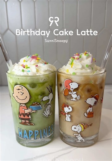 Iced birthday cake latte for 2. Matcha and coffee. @Chobani birthday cake creamer is so yummy!! It’s super fun to chew some sweet and cute sprinkles sipping through the straw too 🤭now I am obsessed with this recipe!!! You need Ice, Milk, Chobani birthday cake creamer, espresso or matcha. Sprinkles and whipped cream are optional. 🏷️ #snoopy #birthdaycakelatte #cupcakelatte #coffeeislife #matchagirl