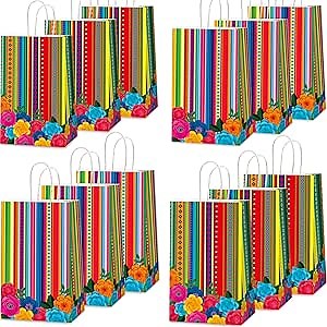 12pcs Mexican Fiesta Party Favor Bags Mexican Treat Bags Fifth De Mayo Candy Bag Floral Stripes Gift Goodie Bag for Flowers Birthday Party Taco Wedding Baby Shower Supplies Decorations 4.7*3.15*8inch