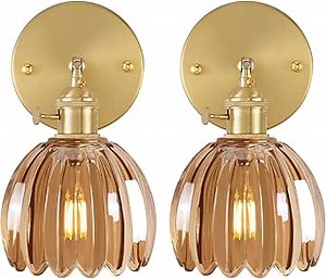 Shenmoyl Vintage Wall Sconces Set of 2 with Amber Tulip Glass Lampshade 180 Degree Adjustable Brass Sconces Hradwired Modern Wall Lighting Fixture with Switch for Bedside Bedroom Doorway