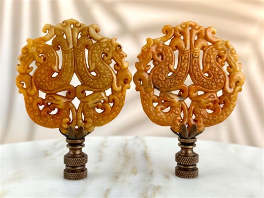 Chinese Carved Stone Lamp Finials in Deep Yellow-orange on Bronze Hardware - A Matching Pair - Etsy