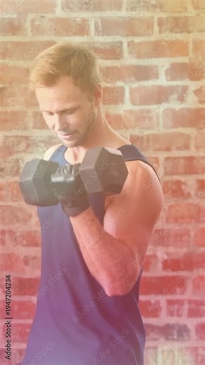 Vertical video: Man curling dumbbell starting lift and activating overlay counter tracking fitness