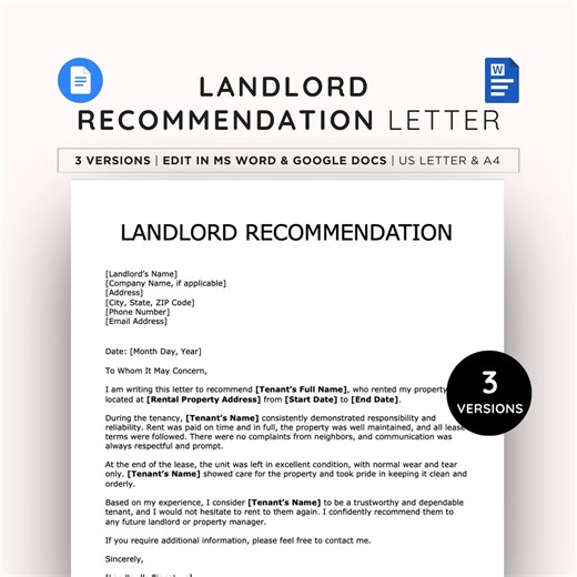 Landlord Recommendation Letter and Editable Rental Reference for Tenants: Google Docs & Microsoft Word - Etsy