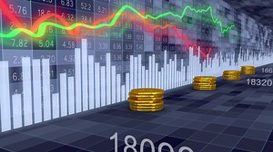 Stacks of gold coins and moving charts and columns on the background of a dynamic stock market board. 3d render