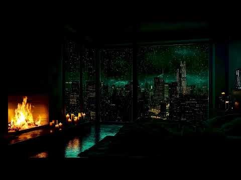 Soft Midnight Rain on Window 🔥 Calm Fire Sounds – Thunder for Deep Sleep Therapy
