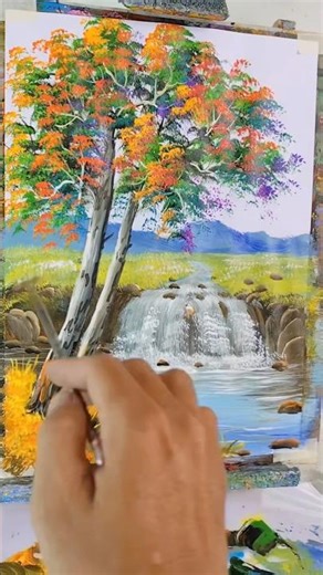 Spring Bloom Tree Painting Beside a Waterfall – Relaxing Nature Art