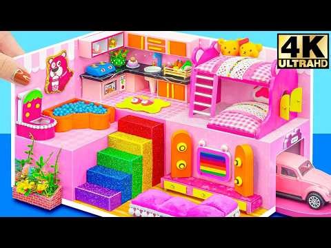 How To Make Pink Bear House with Bunk Bed, Car Garage & Rainbow Slide | DIY Miniature House