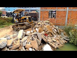 Wonderful New Landfill Activity! Using Dozer Pushing Stone Soil with Dump Truck 5Ton Unloading Soil
