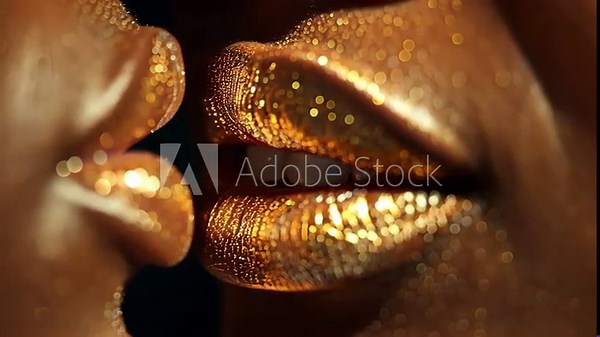 Golden Lips' Intimate Kiss: A close-up shot highlights a tender kiss between two sets of lips adorned with sparkling golden glitter. The image conveys passion, intimacy, and glamorous romance.