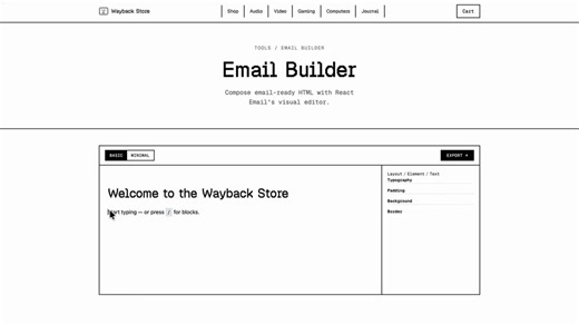 1️⃣ Open-source editorThe centerpiece of React Email 6 is a new open-source visual editor you can embed directly in your app with a few lines of code.It outputs email-ready HTML that renders correctly in email inboxes.