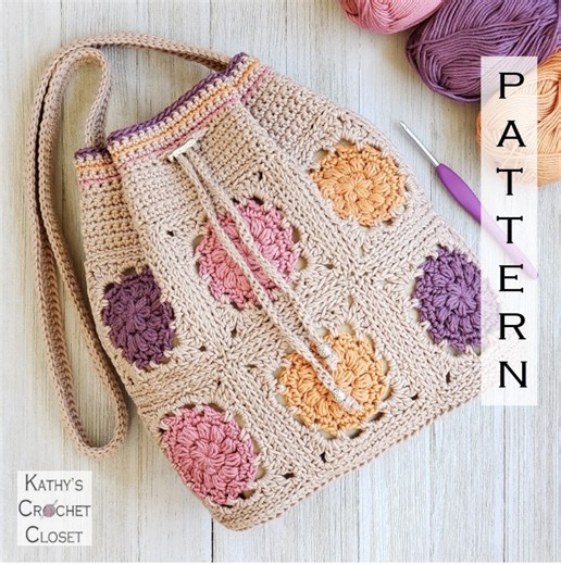 Dahlia Drawstring Bag - DIY Crochet Flower Granny Square Purse PATTERN (PDF Download) - Etsy