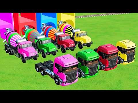 Transporting Colorful Mixer Trucks & Double Flatbed Trailers on Dangerous Terrain FS22 #97
