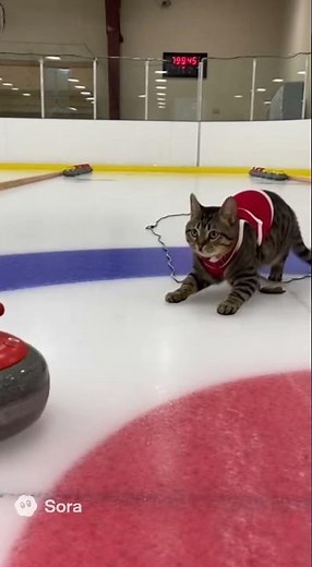 Angry cat plays curling