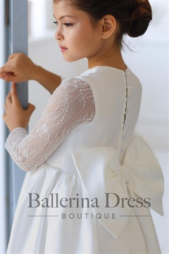 First Communion Dress for Girls – Lace Catholic Communion Dress with Long Sleeves for Baptism or Church Ceremony