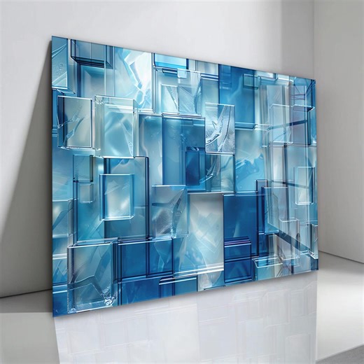 Blue Geometric Abstract Art: Tempered Glass Panoramic Wall Decor - Horizontall or Verticall - Etsy