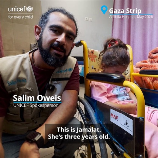 Again and again, in Gaza children are being injured and their lives cut short by violence.@UNICEFMENA's Salim Oweis met three-year-old Jamalat, who lost her foot in an airstrike.This CANNOT be the new normal for children. Their protection must be prioritized.