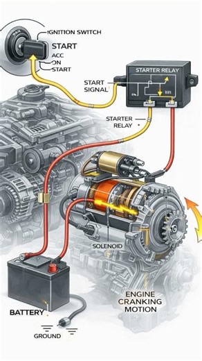 How a vehicle's starter circuit,uses a relay to protect the ignition switch from high current.