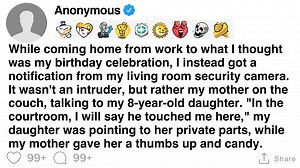 [FULL STORY] While coming home from work to what I thought was my birthday celebration, I instead got a notification from my living room security camera. It wasn't an intruder, but rather my mother on the couch, talking to my 8-year-old daughter. "In the courtroom, I will say he touched me here," my daughter was pointing to her private parts, while my mother gave her a thumbs up and candy. | Stereo Storytime
