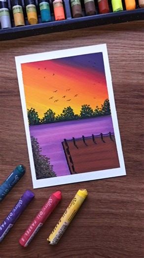 Easy River Sunset Scenary Drawing | Oil Pastel Art #shorts #artshorts #oilpastel #oilpasteldrawing