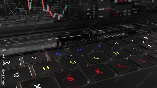 Buy Hold sell investment screen stocks market terminal on computer keyboard pressing key Buy Hold Sell Word hud elements