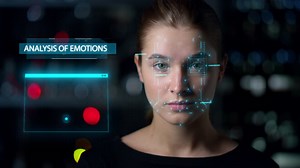 Premium stock video - Futuristic biometrical emotions analysis. closeup woman face biometrics research