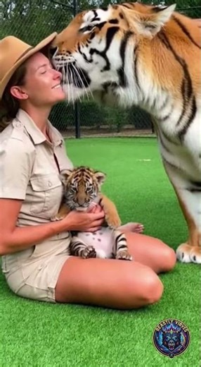 Tiger Licks Woman Holding Cub