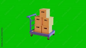 3d model of a cart loaded with boxes on a green screen. rotates 360 degrees