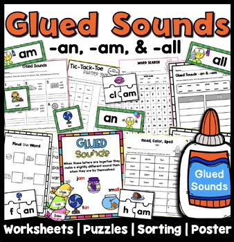 Glued Sounds an am & all Worksheets and Sorting Phonics Fluency Games