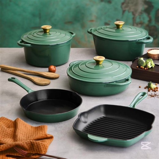 Our superior Cast Iron Cookware has a premium glossy enamel coating, making cleaning a simple task and transforming every cooking experience into an adventure. It is a sound investment that will last you and generations to come. Invest in a set from as little as R409 per month Call or WhatsApp Luyanda on 061 002 1463