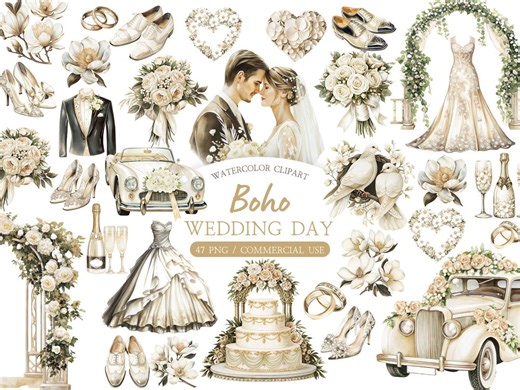 Watercolor Boho Wedding Clipart Bundle – Rustic Venue and Bride Illustrations (digital Download) - Etsy