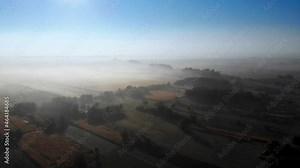 Fog Dissolving in the Morning over the Fields, trees casting shadows, Drone Timelapse