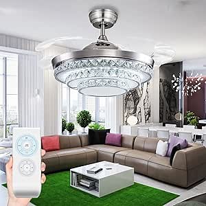 Fanwin 42” Retractable Ceiling Fan with Light, 3-Layer Crystal Chandelier Ceiling Fans Indoor with 3 Speed 3 Color Indoor Fandelier Fixture for Bedroom Living Room