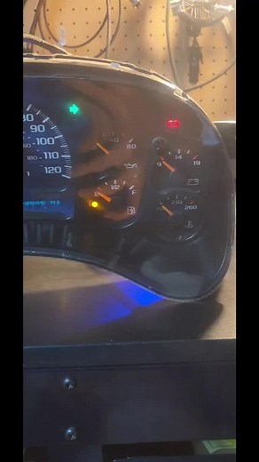one of one full custom setup. Added a transmission temp gauge along with a Custom 140mph/7k rpm tach, green leds, rebuild and red needles. #silverado #chevy #boost #boosted #turbo #procharger #sendit #allout #noprep #chevytrucks #lowered #4l80e #fastasfkboi #sleeper #groundshaker #chevysilverado #gmc #badtrucks #customgauges #leds #gaugecluster