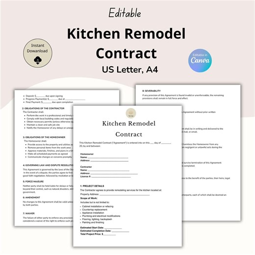 Kitchen Remodel Contract, Kitchen Renovation Agreement, Kitchen Makeover, Remodelling Service Contract, Contractor Business, Editable Canva - Etsy