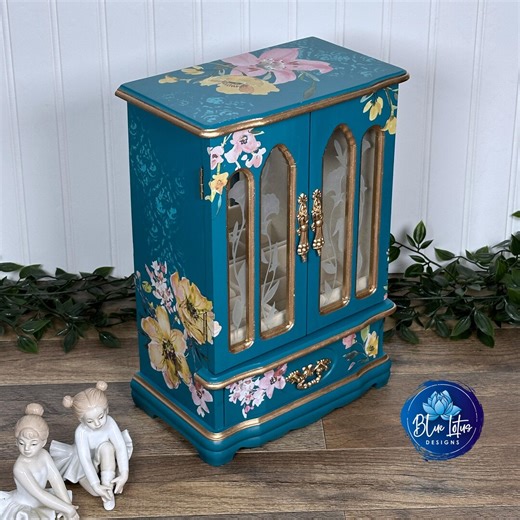 Musical Wooden Jewelry Box, Blue Green Vintage Jewelry Box, Refurbished Vintage Jewelry Armoire, Gift for Her, Valentine's Day Gift - Etsy