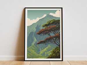 Mount Waialeale Hawaiian Landscape Art Print Vintage Style Travel Poster Lush Green Mountains Waterfall Wall Decor Hawaii Scenic View - Etsy