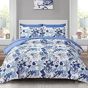 Xruibed Bed in a Bag King Blue Floral Pattern Comforter Set 7 Pieces Floral Boho Bedding Comforter with Sheet Set Lightweight Flower Bedding Comforter Set for Teens Adults (Blue, 90"x 104")