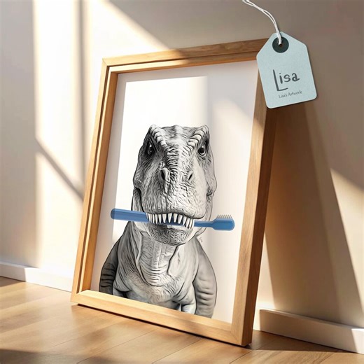 T-rex Brushing Teeth – Printable Dinosaur Bathroom Wall Art, Fun Nursery Decor for Boys - Etsy